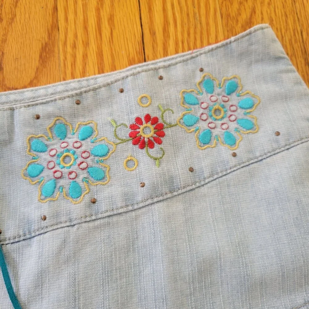 Zana Di Floral Embroidered Denim Skirt 13 Blue Jean Corset Lace Up Boho Modest Y